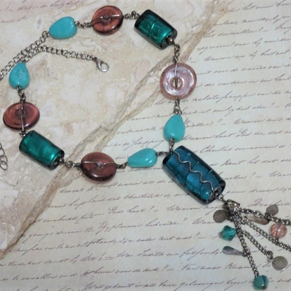Art Foil Glass Tassel Drop Lariat Necklace